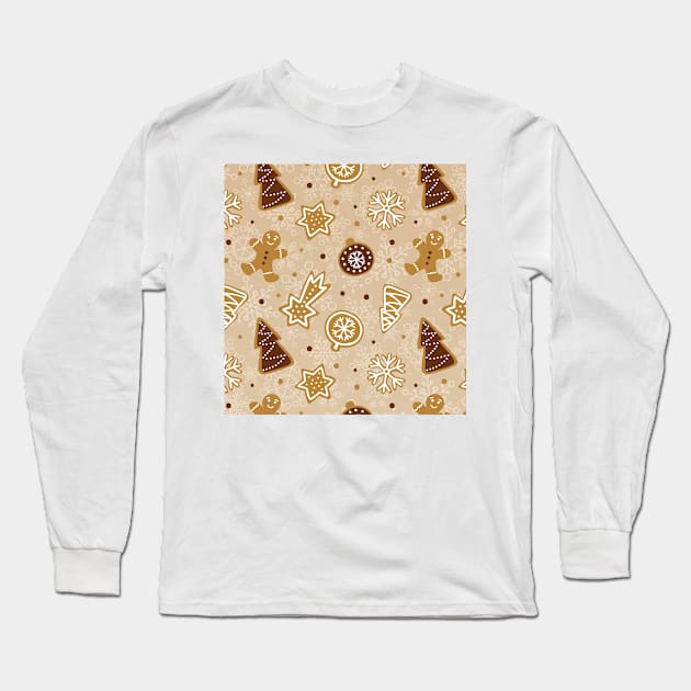 Christmas Pattern with Christmas Tree, Snowflakes, Stars, Gingerbread Long Sleeve T-Shirt by Zen Cosmos Official